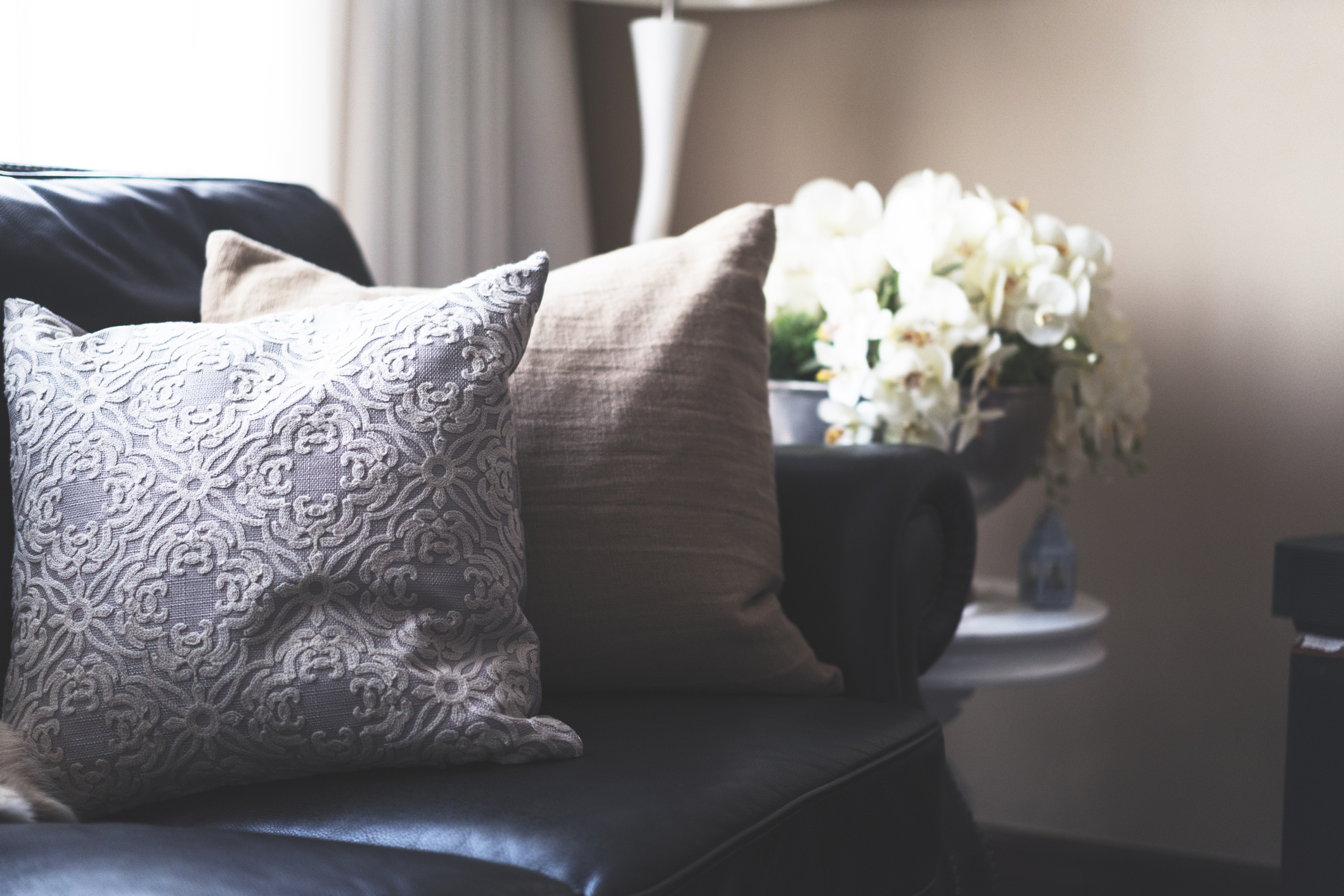 Black leather discount couch with pillows